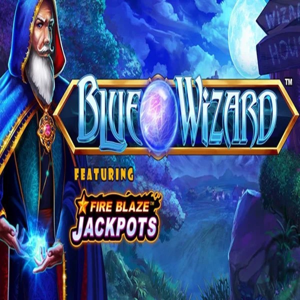 Blue Wizard Fire Blaze Jackpots logo by Rarestone Gaming RockWin Casino